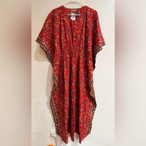 NWT Singapore Exclusive Collection Red Batik Print Caftan Paisley Dress OS